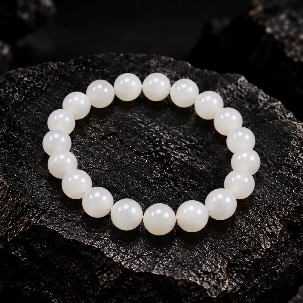 Natural White Nephrite Jade Bead Bracelet