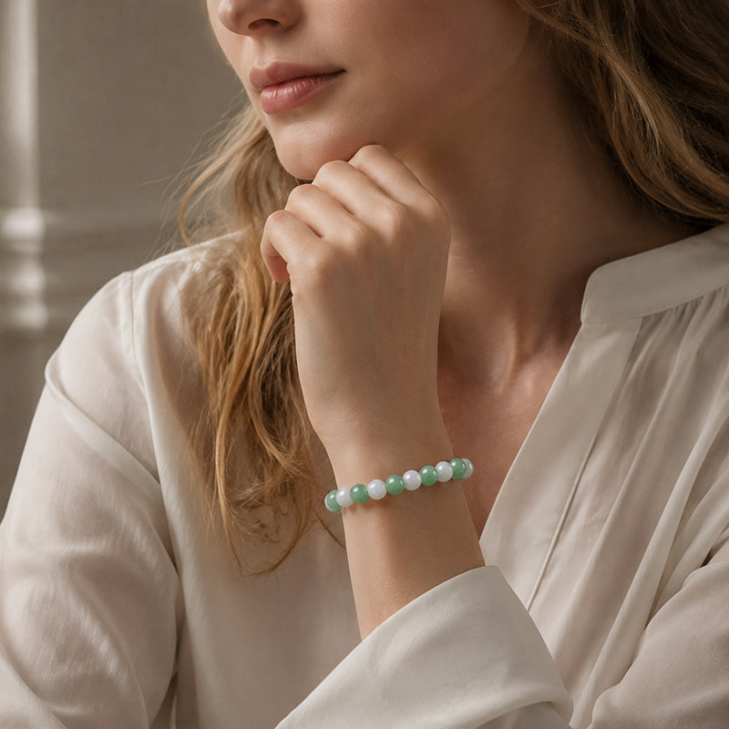 Natural White & Green Jadeite Bead Bracelet – 6mm 8mm 10mm
