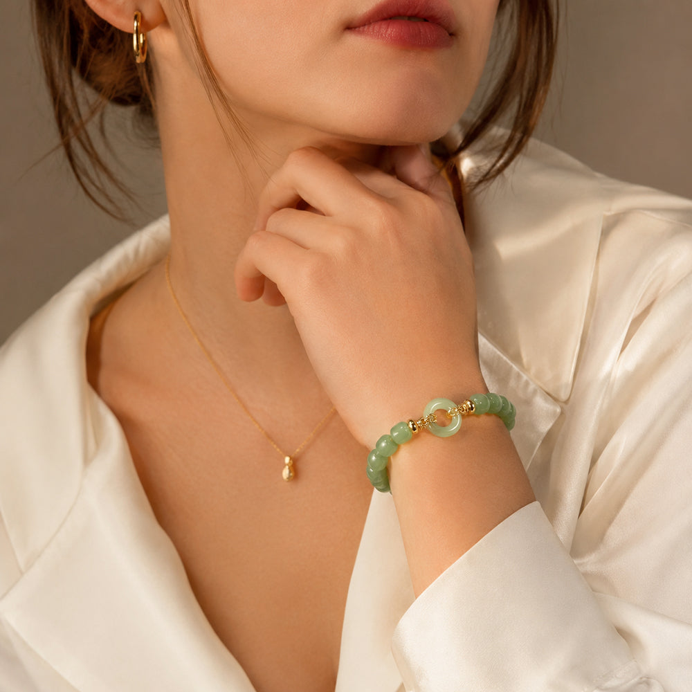 Green Jade Bead Bracelet with Ping An Kou Charm