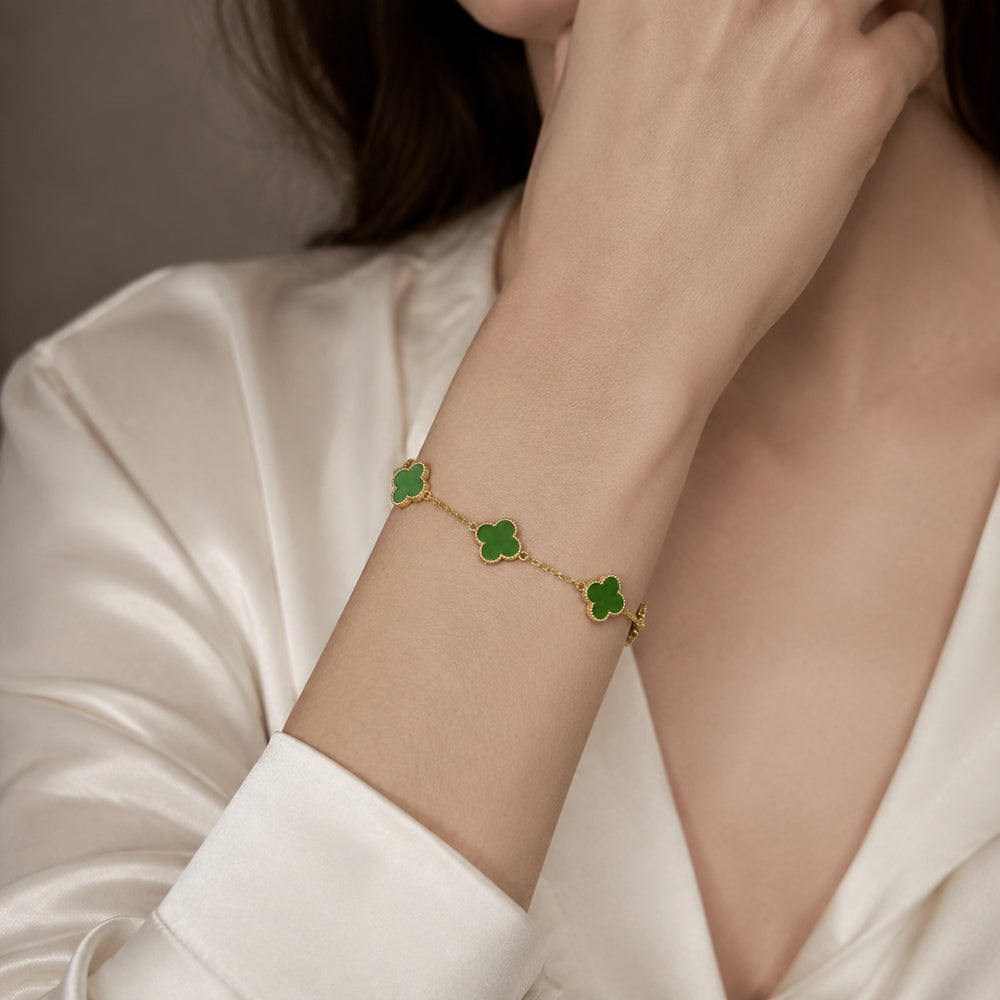 Five Clover Green Jade Bracelet in Gold-Plated S925 Silver