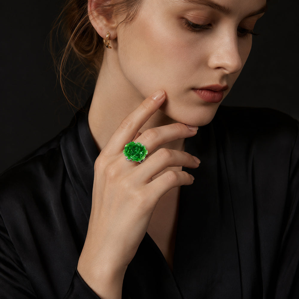 Hand-Carved Green Jadeite Lotus Ring in S925 Silver