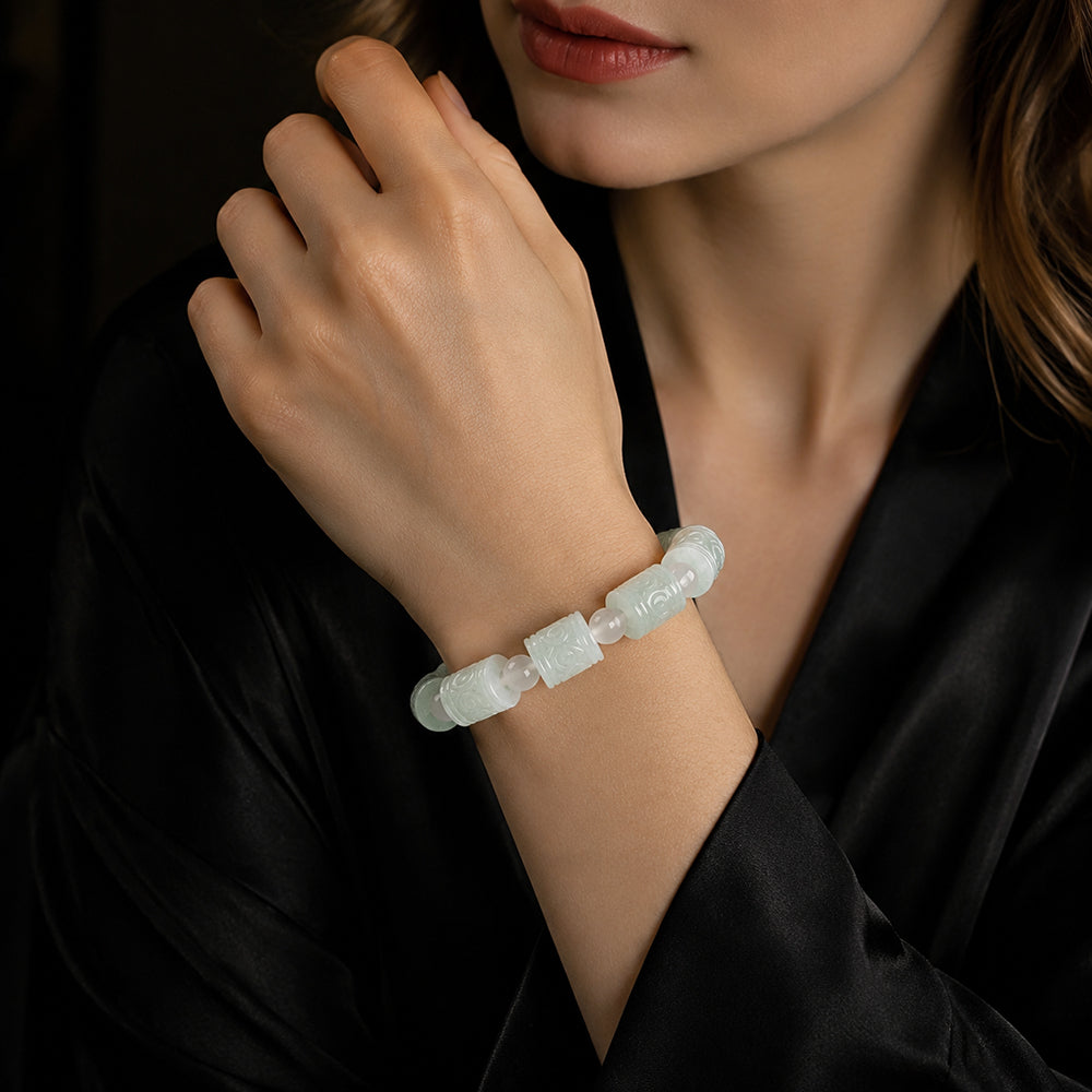 Pale Green Carved Jade Barrel Bracelet