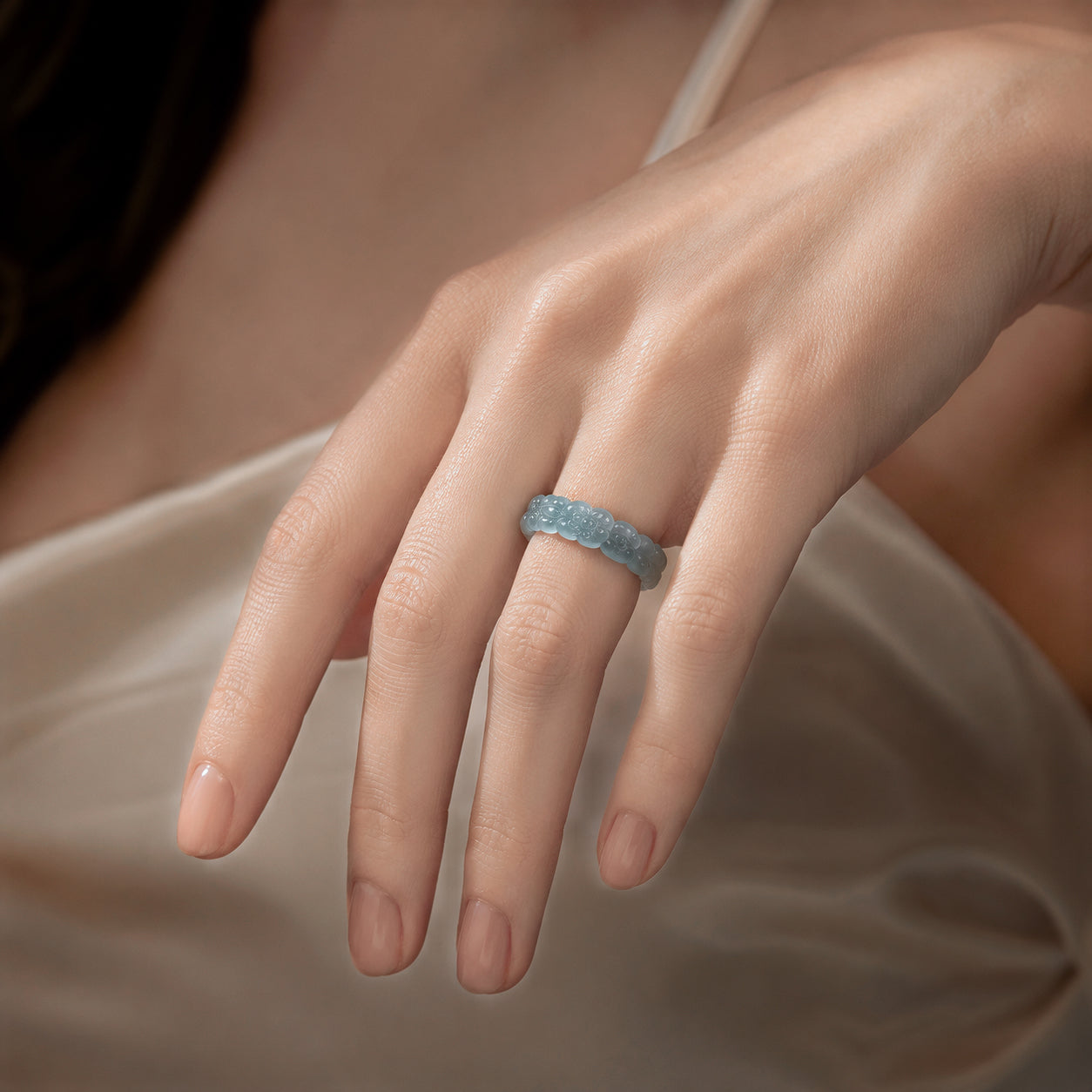 Pale Green Jadeite Peach Blossom Ring for Women