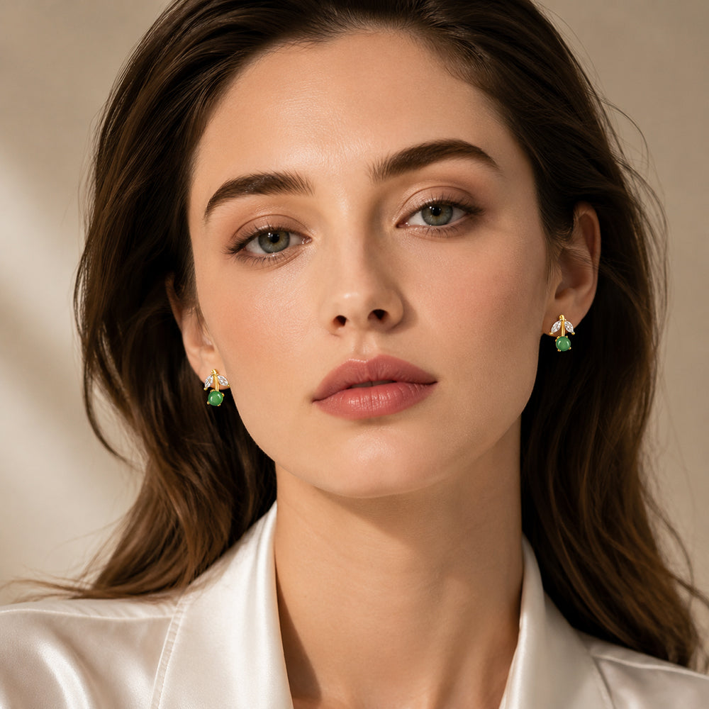 Cherry Green Jadeite Jade Stud Earrings, Gold