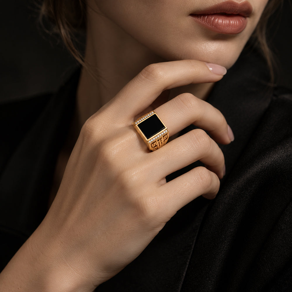 Men's Black Jadeite Signet Ring, Gold-Plated S925 Silver, Adjustable