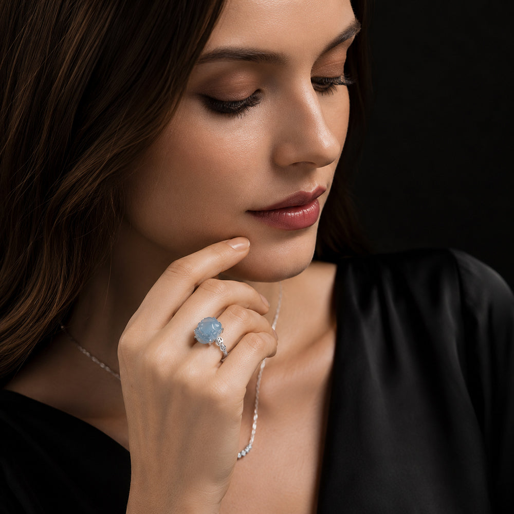 Icy Blue Jadeite Pixiu Ring in S925 Silver for Women