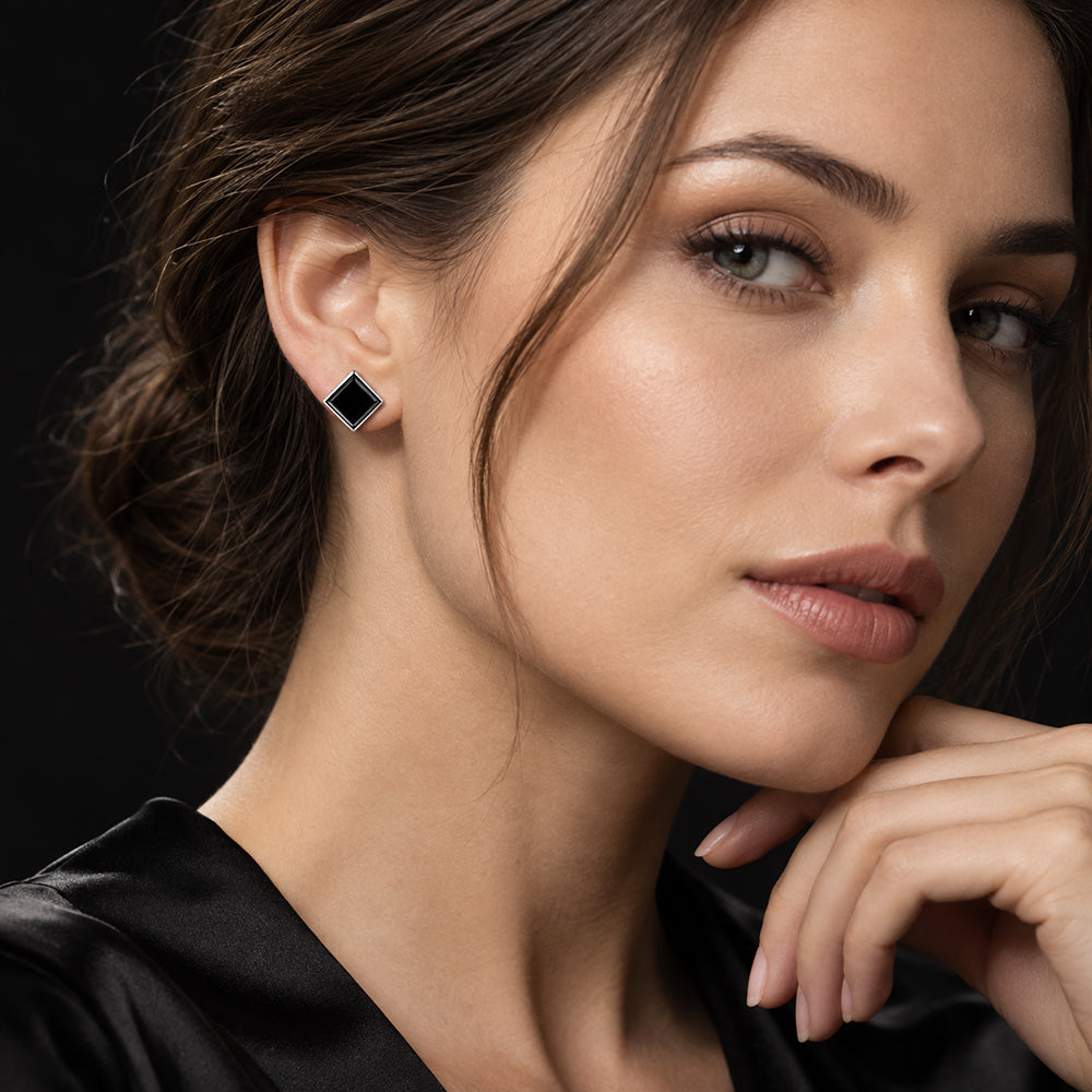 Natural Black Jadeite Square Stud Earrings in Sterling Silver
