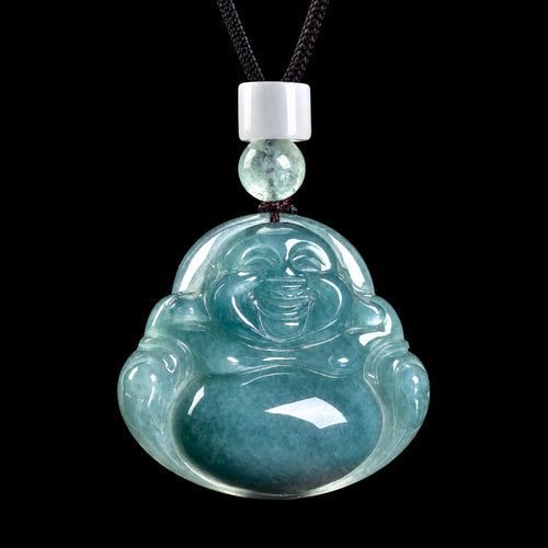 Blue green jadeite Laughing Buddha pendant necklace