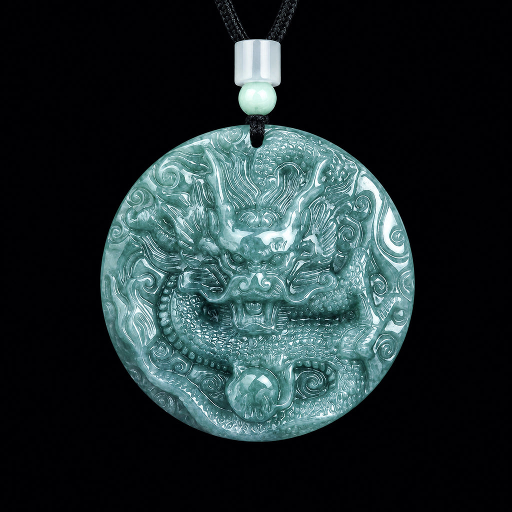 Real Hand-Carved Blue Jadeite Dragon Plaque Pendant Necklace – Men’s Jewelry