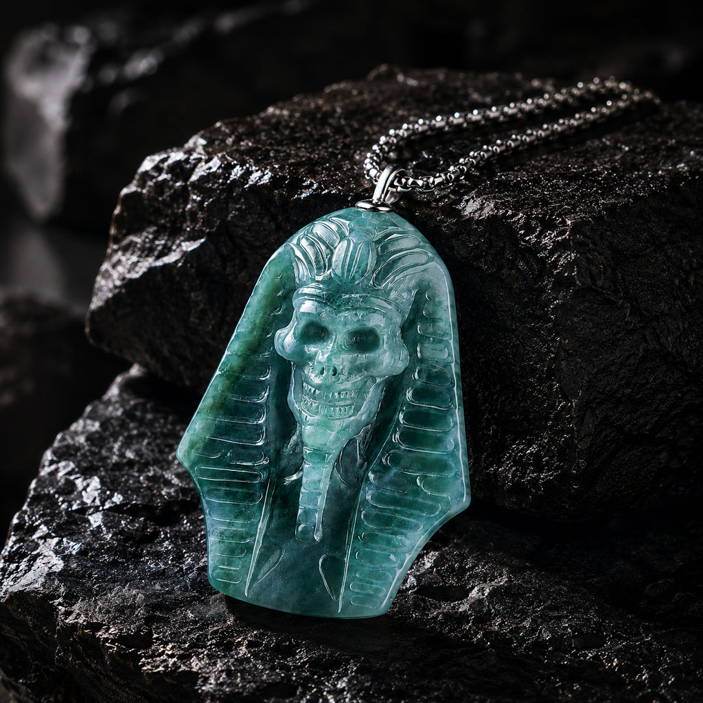 Natural Hand-Carved  BlueJadeite 3D Egyptian Pharaoh Necklace for Men