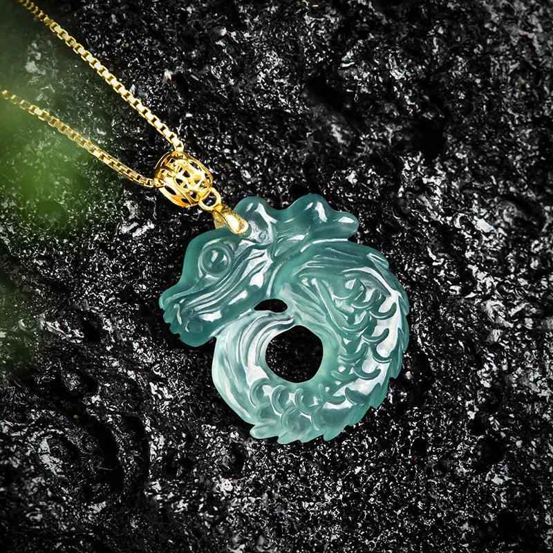 Natural Blue Jadeite Dragon Fish Pendant Necklace, 18K Gold Bail, 925 Sterling Silver Chain 46cm jade BMjade