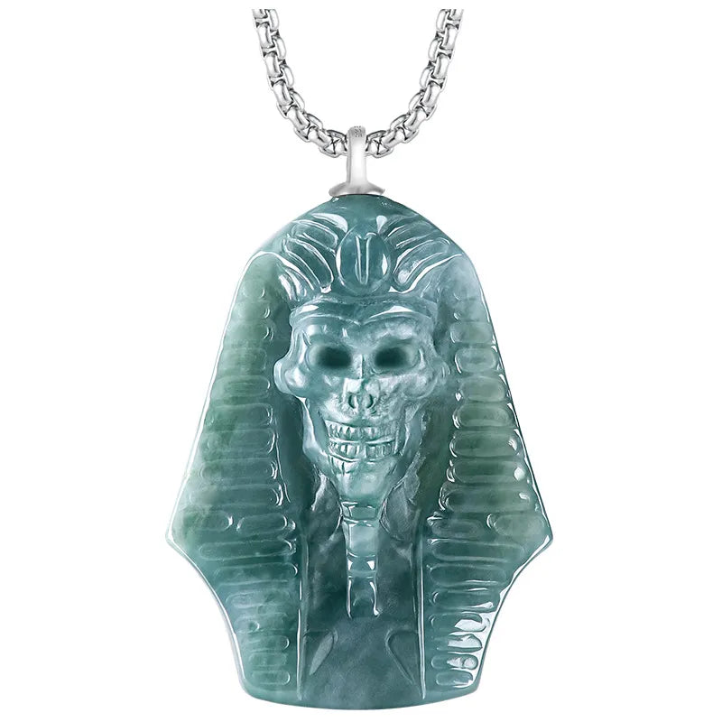 Natural Hand-Carved BlueJadeite 3D Egyptian Pharaoh Necklace for Men BMjade