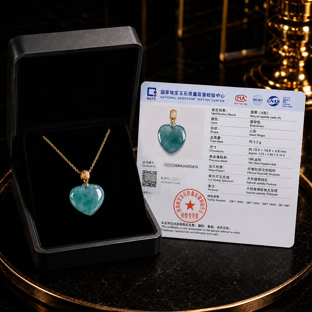 Blue Jadeite Heart Necklace with 18K Gold Bail