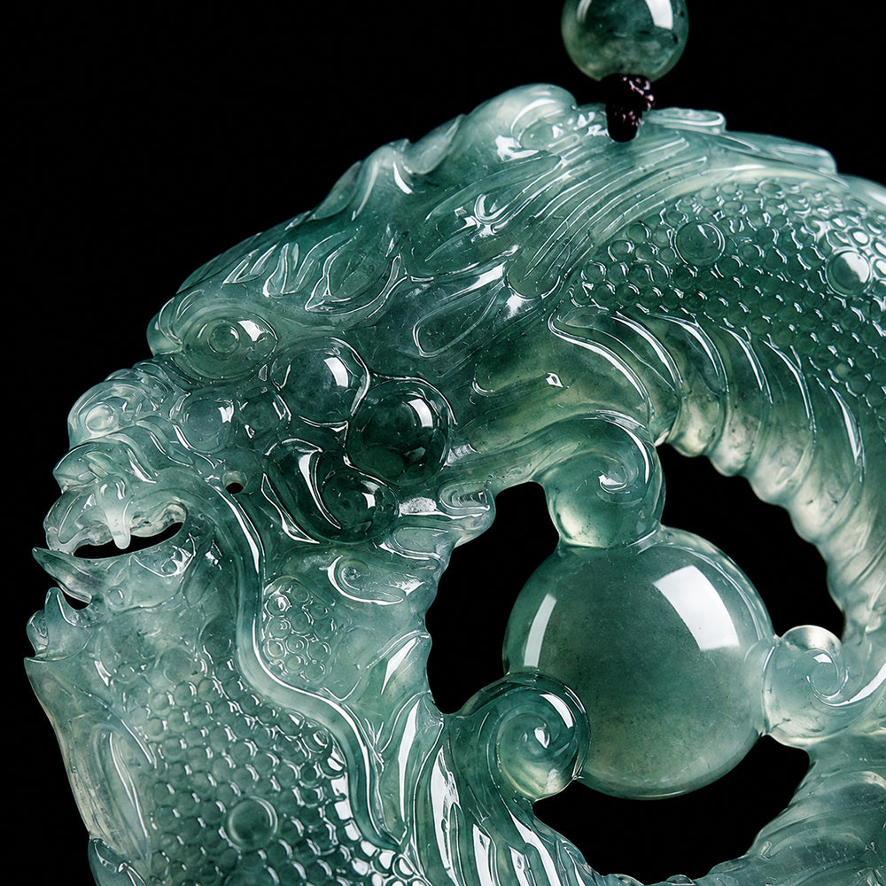 Carved Green Dragon Jade Pendant Necklace