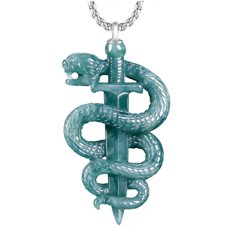 Hand-Carved Jadeite Snake Pendant Necklace for Men – Blue Jade BMjade
