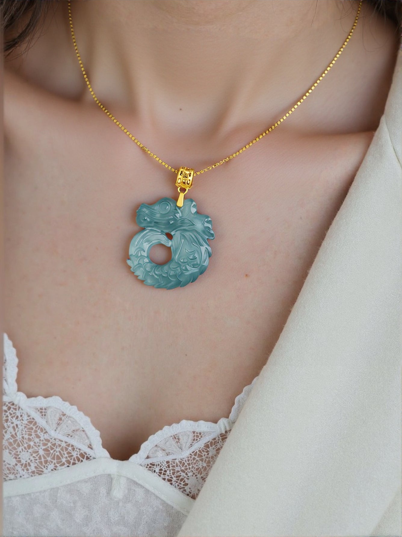 Natural Blue Jadeite Dragon Fish Pendant Necklace, 18K Gold Bail, 925 Sterling Silver Chain 46cm jade BMjade