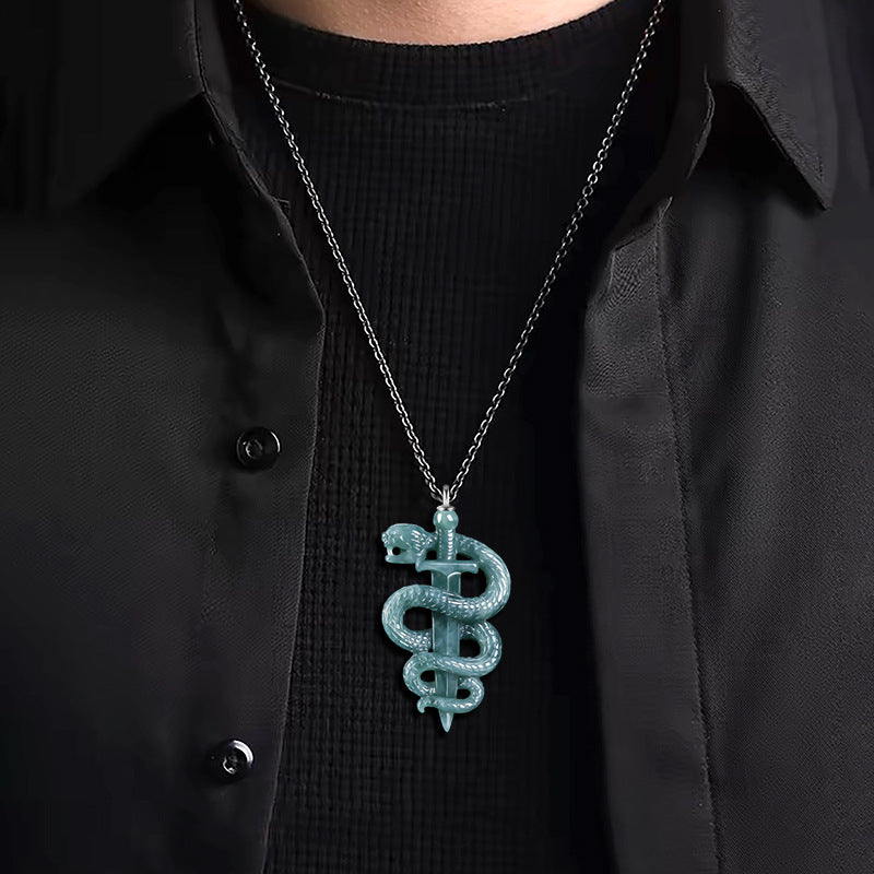 Hand-Carved Jadeite Snake Pendant Necklace for Men – Blue Jade BMjade
