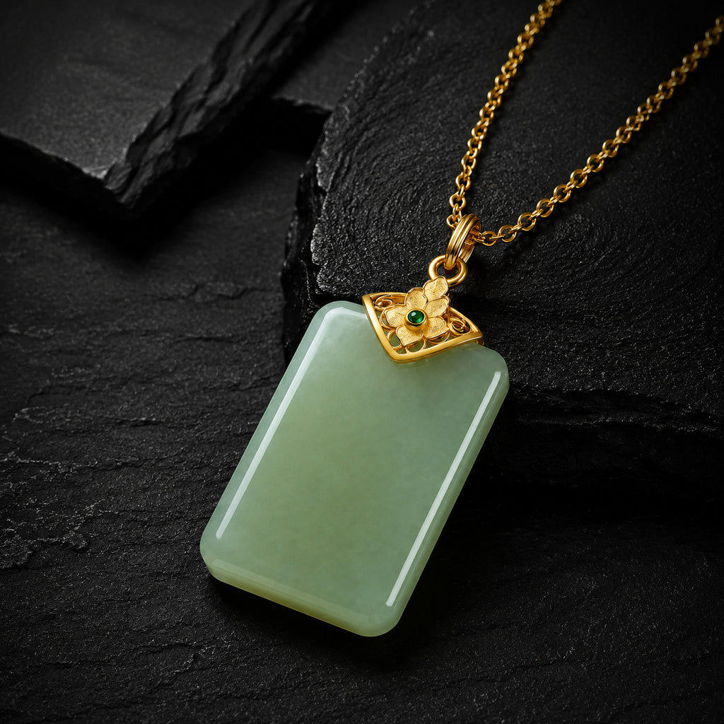 Real Green Jade Plaque Pendant Necklace – 925 Silver Chain 46CM, Symbol of Protection & Good Fortune