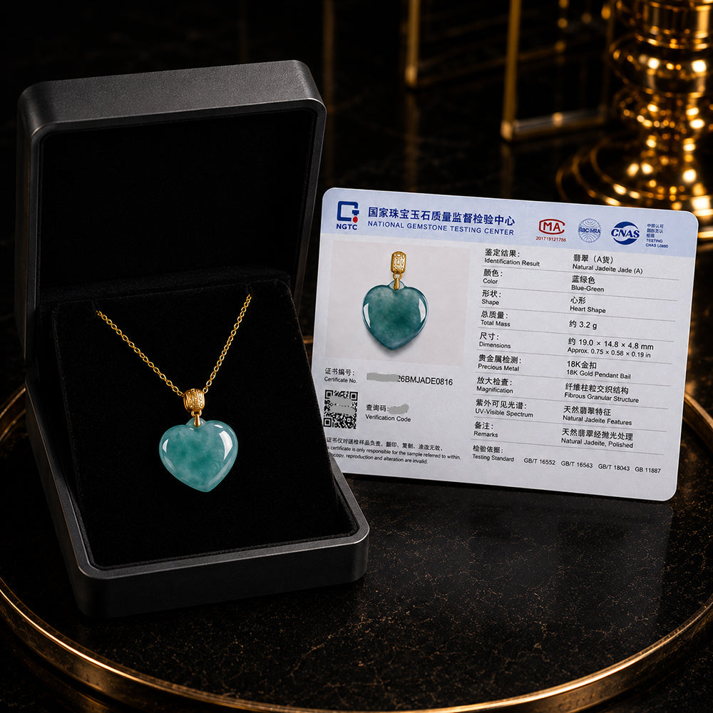 Blue Jade Heart Necklace with 18K Gold Bail