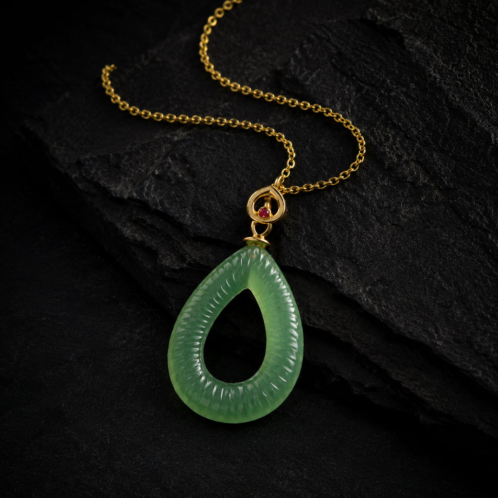 Natural Green Jade Feng Shui Ripple Teardrop Necklace for Women – S925 Silver & 18K Gold, Symbol of Serenity & Good Luck