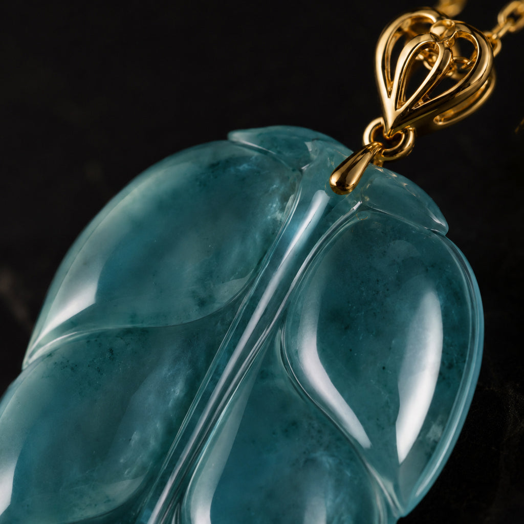 Natural Jadeite Blue Leaf Pendant Necklace for Women – 18K Gold