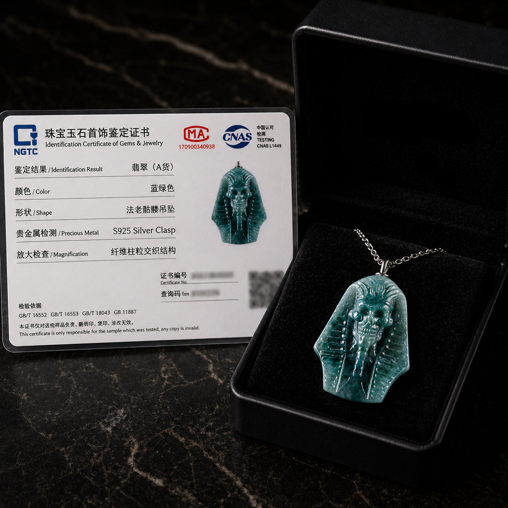 Natural Hand-Carved  BlueJadeite 3D Egyptian Pharaoh Necklace for Men
