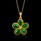 Natural Green Jade Five-Petal Flower Pendant Necklace – S925 Silver 46CM, Symbol of Beauty & Good Fortune