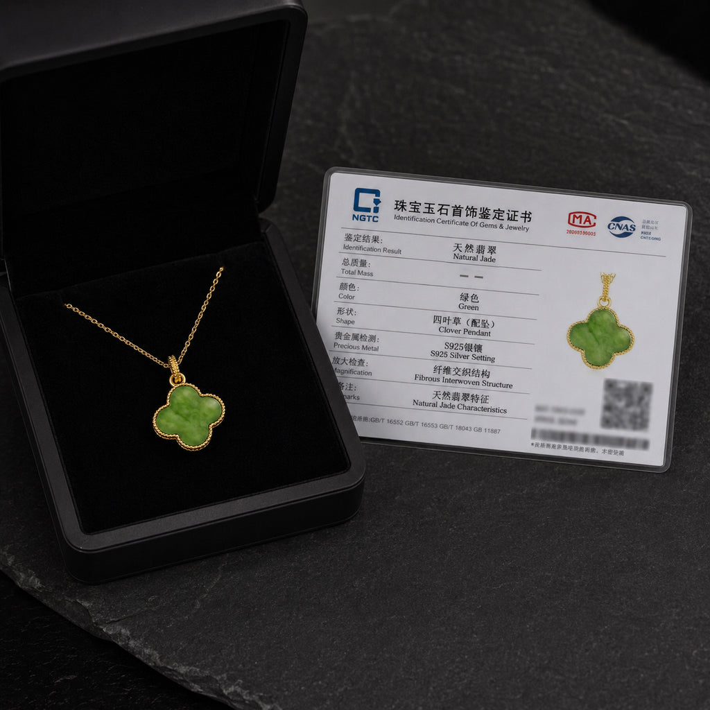 Natural Green Jade Four-Leaf Clover Pendant Necklace – Lucky Jewelry for Love, Health & Happiness