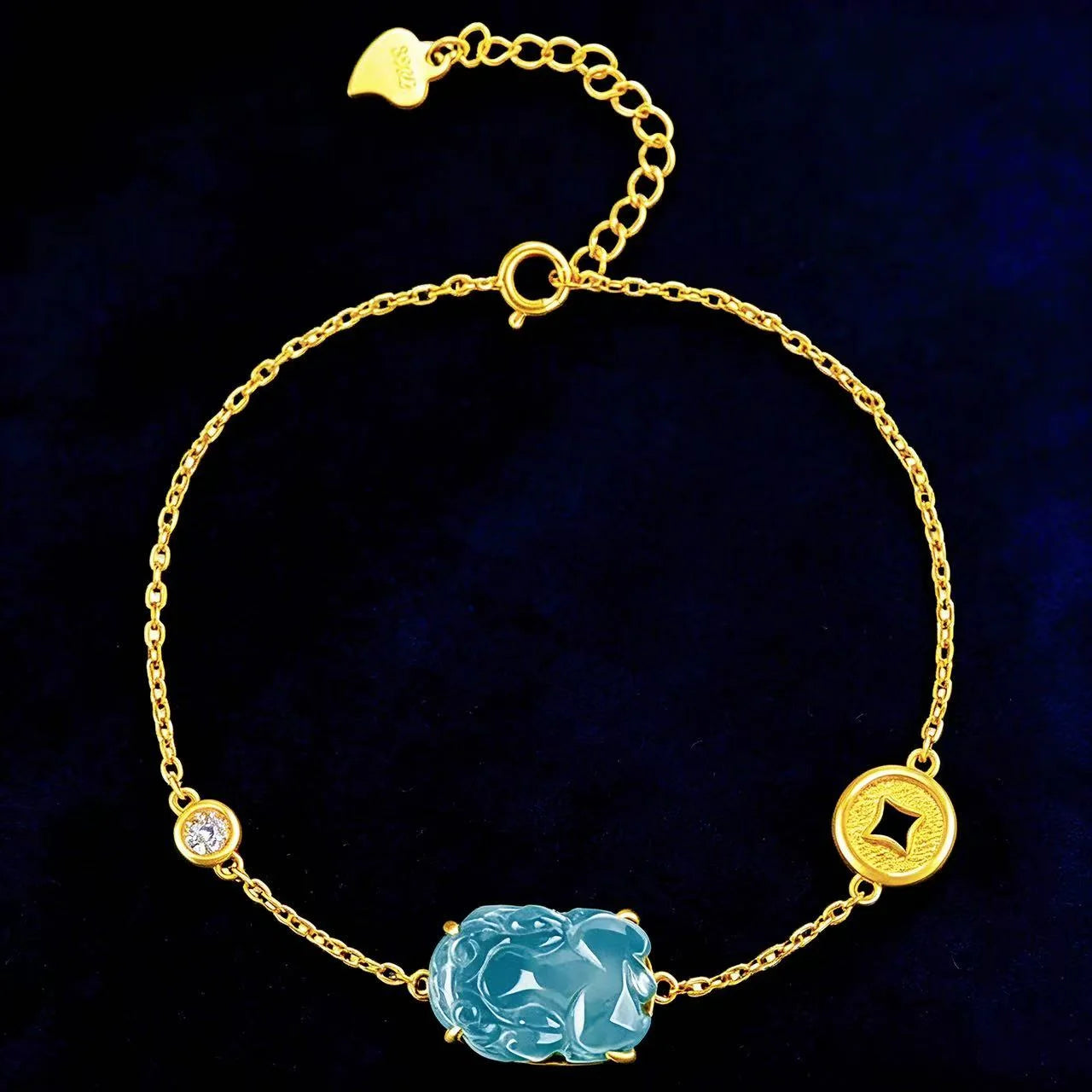 Hand-Carved Blue Jadeite Pixiu Women Bracelet – S925 Silver