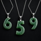 Green jade number pendants 6 5 and 9 with silver chains