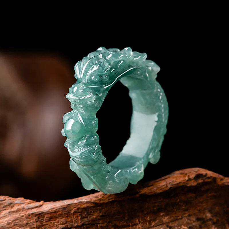 Natural blue jadeite hand-carved dragon ring for men
