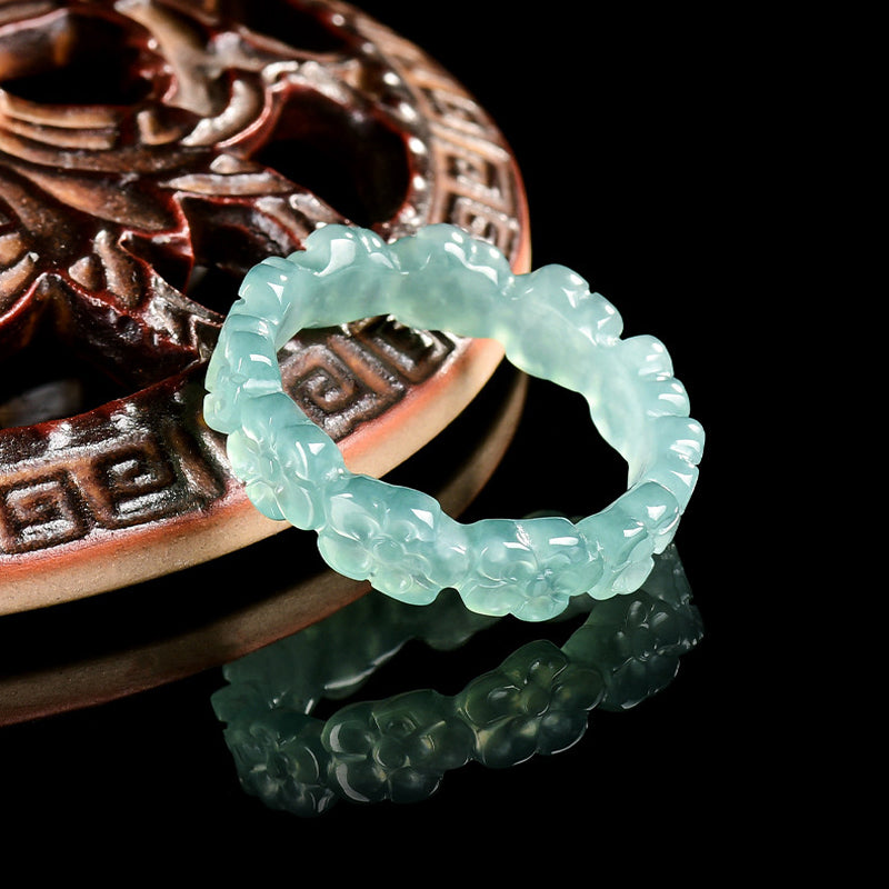 Natural Blue Jadeite Carved Peach Blossom Ring – Handmade Jade Jewelry jade BMjade