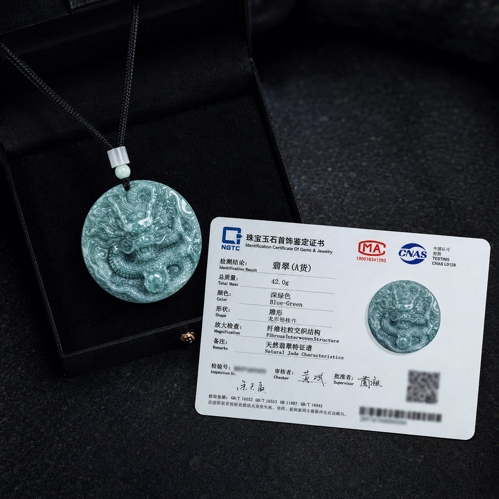 Real Hand-Carved Blue Jadeite Dragon Plaque Pendant Necklace – Men’s Jewelry