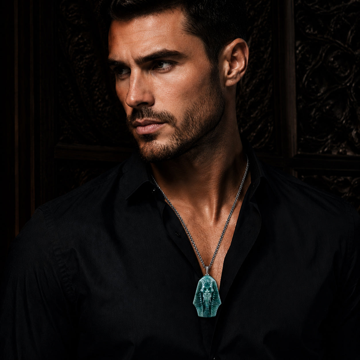 Natural Hand-Carved  BlueJadeite 3D Egyptian Pharaoh Necklace for Men
