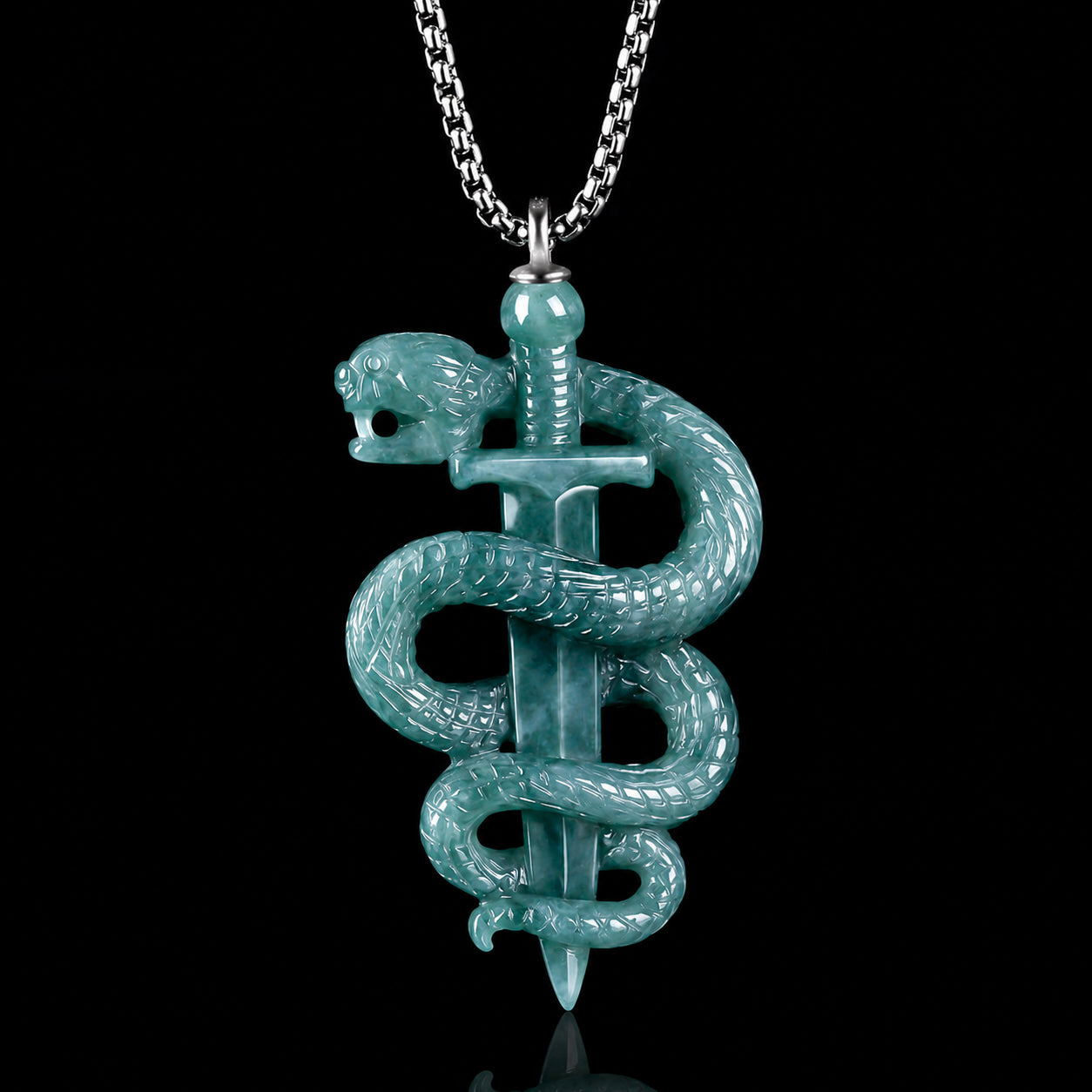 Hand-Carved Jadeite Snake Pendant Necklace for Men – Blue Jade