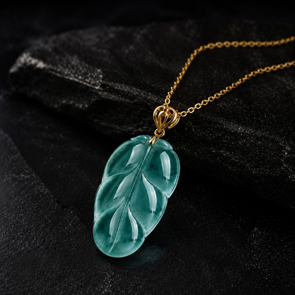 Natural Jadeite Blue Leaf Pendant Necklace for Women – 18K Gold