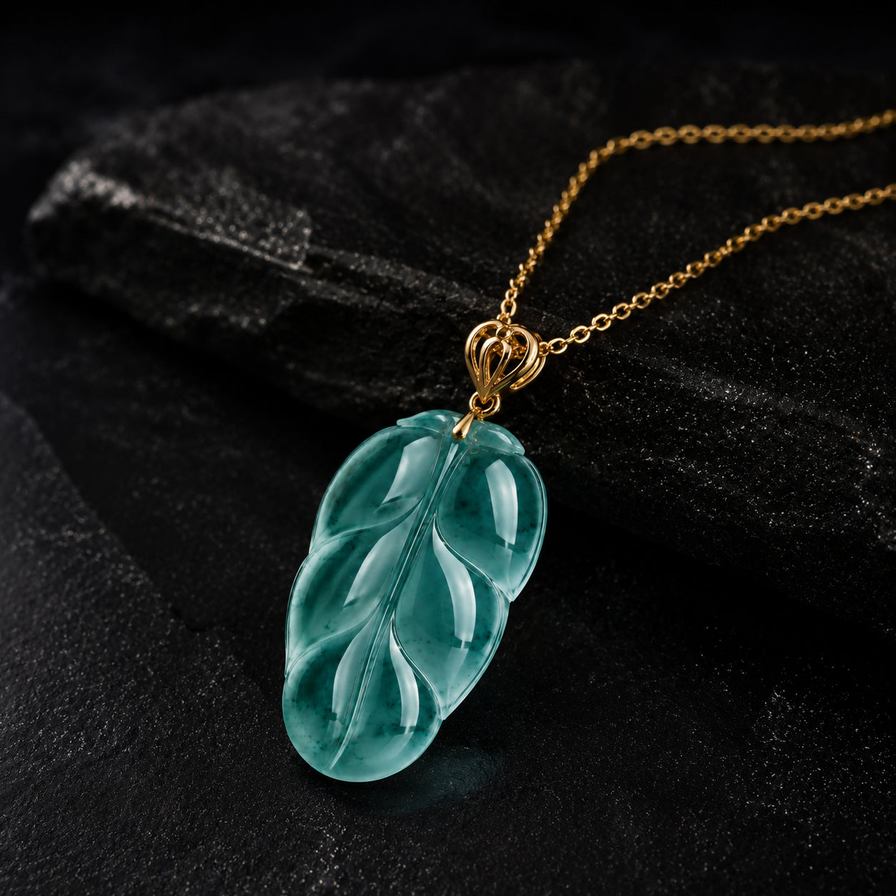 Natural Jadeite Blue Leaf Pendant Necklace for Women – 18K Gold