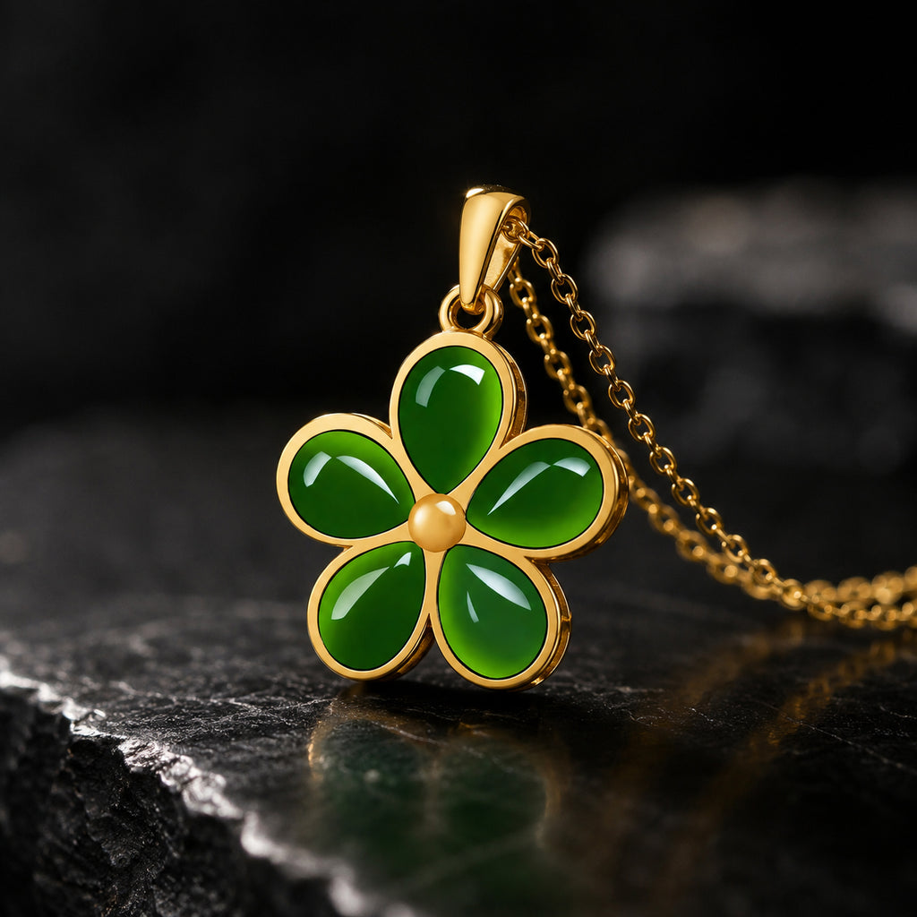 Natural Green Jade Five-Petal Flower Pendant Necklace – S925 Silver 46CM, Symbol of Beauty & Good Fortune