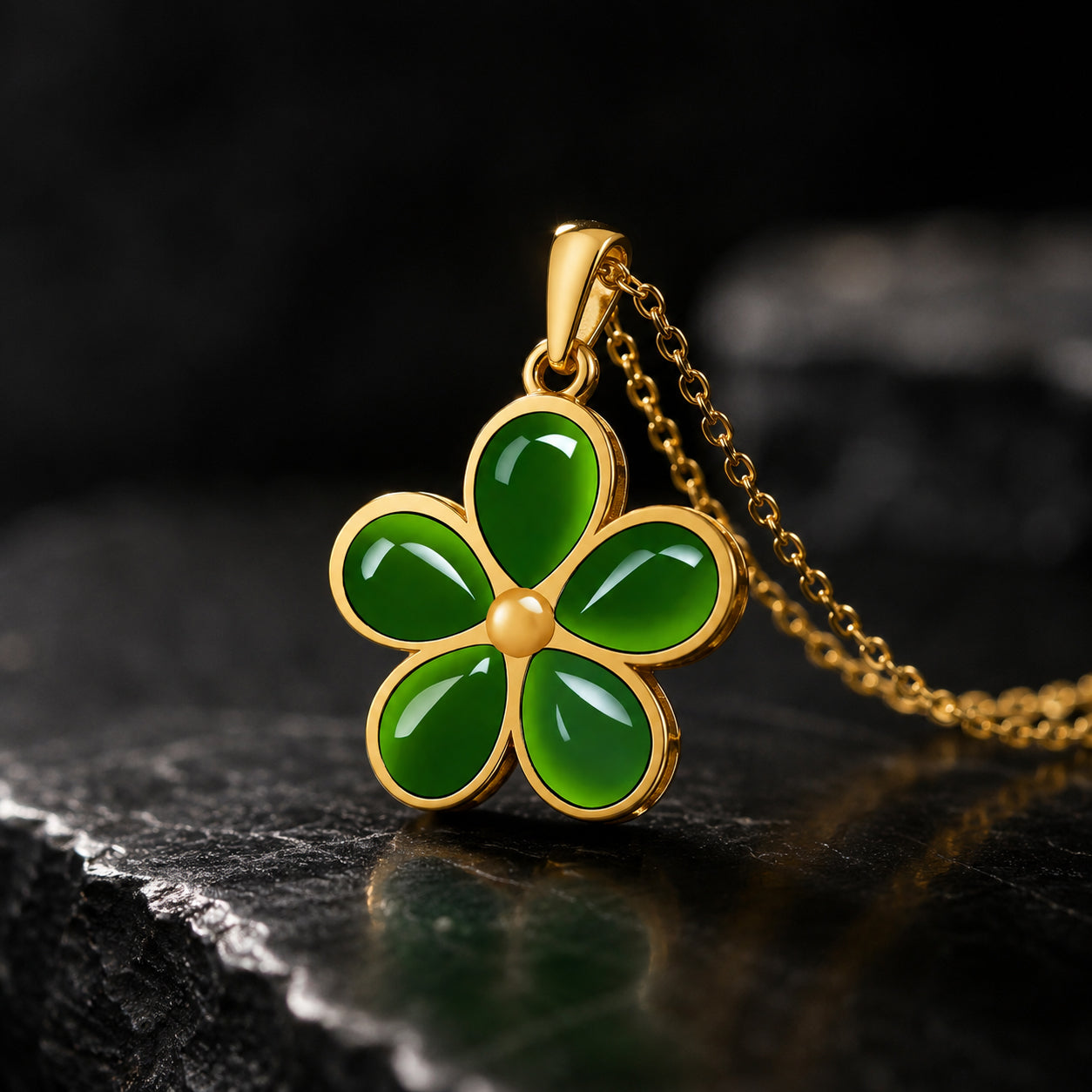 Natural Green Jade Five-Petal Flower Pendant Necklace – S925 Silver 46CM, Symbol of Beauty & Good Fortune