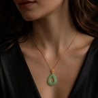 Natural Green Jade Feng Shui Ripple Teardrop Necklace for Women – S925 Silver & 18K Gold, Symbol of Serenity & Good Luck