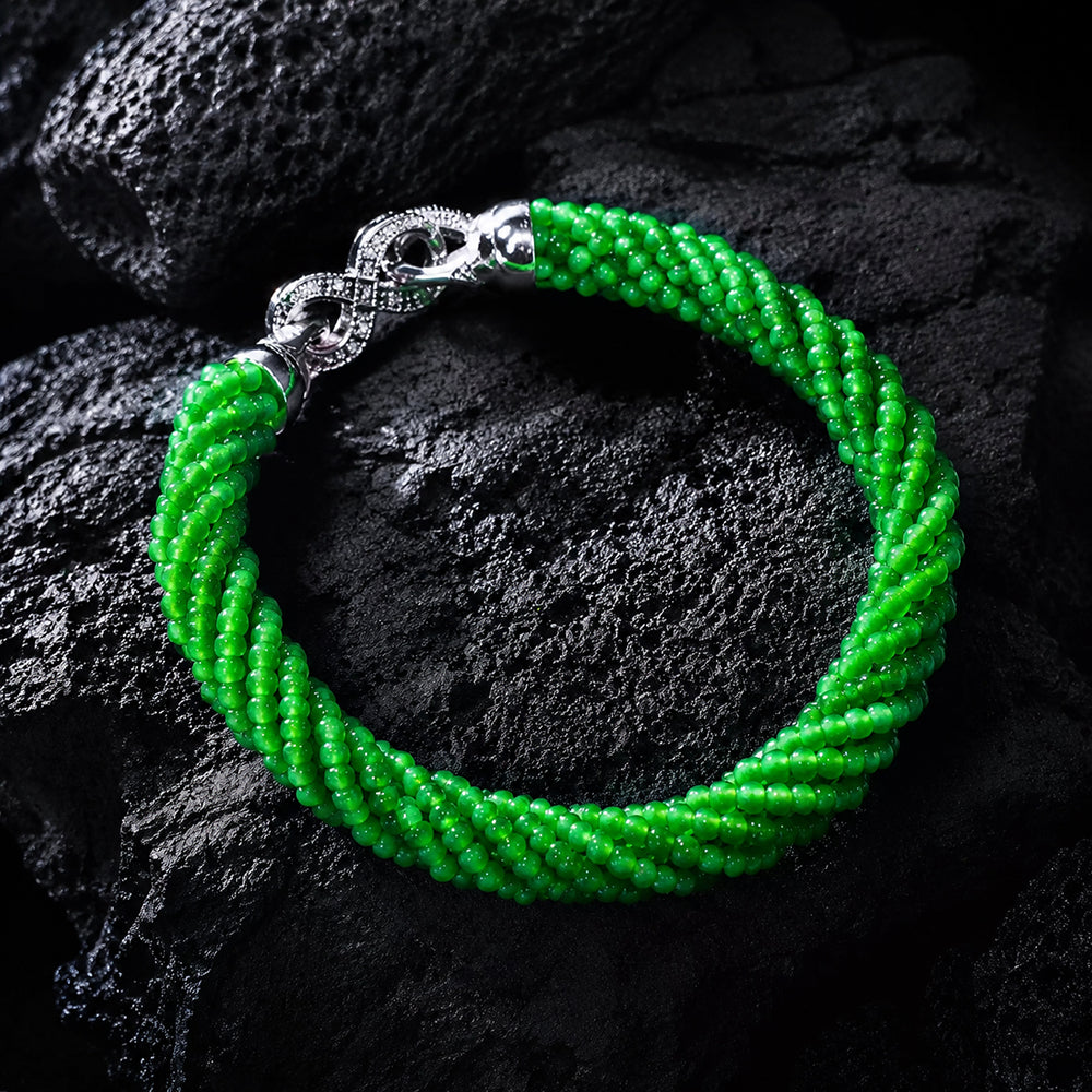 Natural Green Jadeite Twisted Bead Bracelet Handmade Jade Jewelry