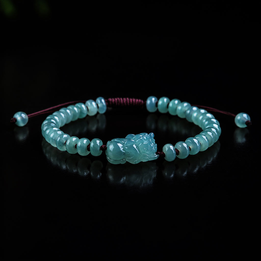Blue jade Pixiu abacus bead bracelet with size details