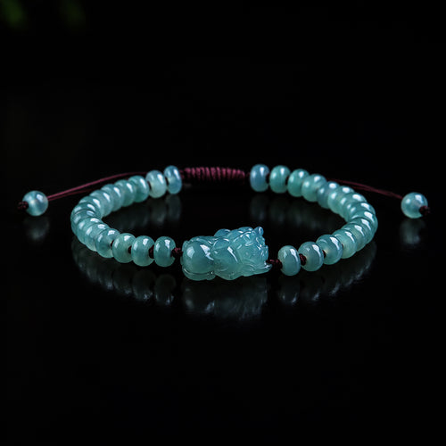 Blue jade Pixiu abacus bead bracelet with size details
