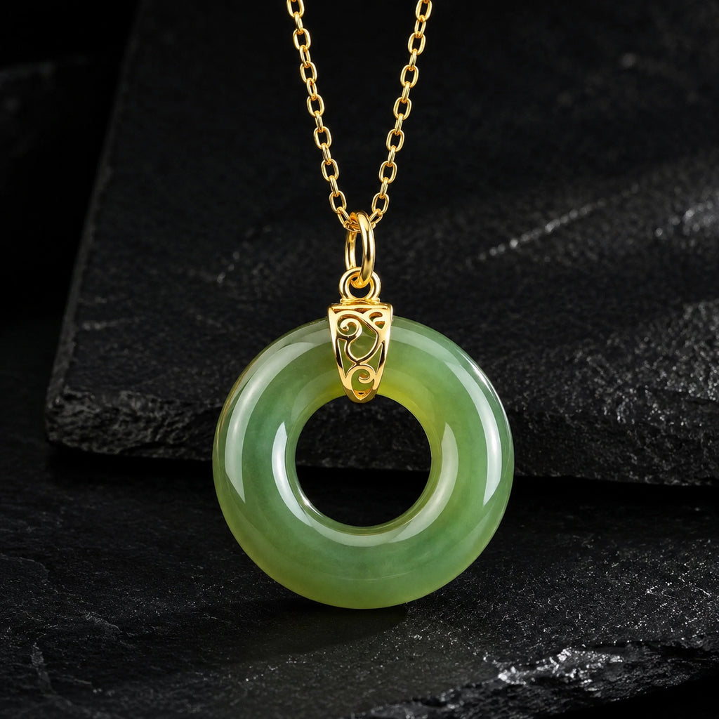 Lucky Green Jade Donut Necklace – 45cm S925 Silver Jewelry, Symbol of Peace & Prosperity