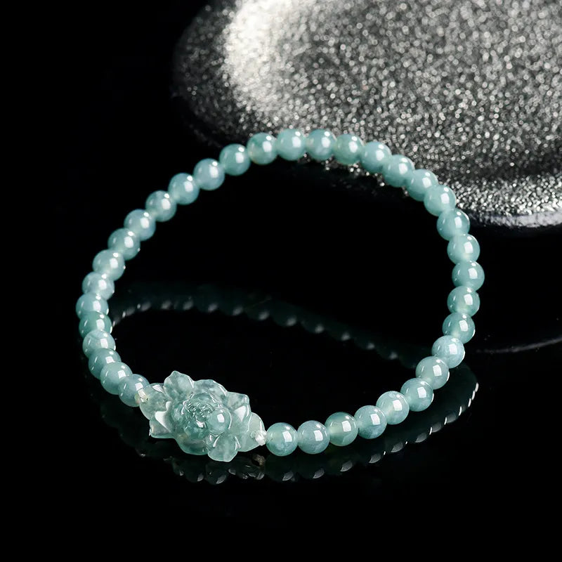 Natural Jadeite Hand-Carved Lotus Beaded Stretch Bracelet jade BMjade