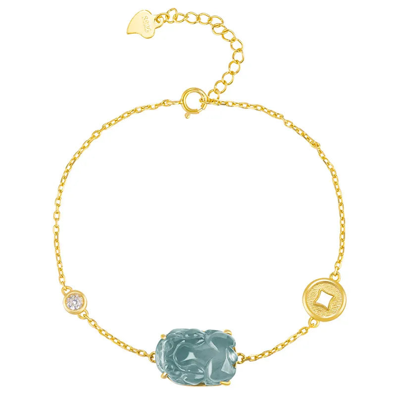 Hand-Carved Blue Jadeite Pixiu Women Bracelet – S925 Silver jade BMjade Gold