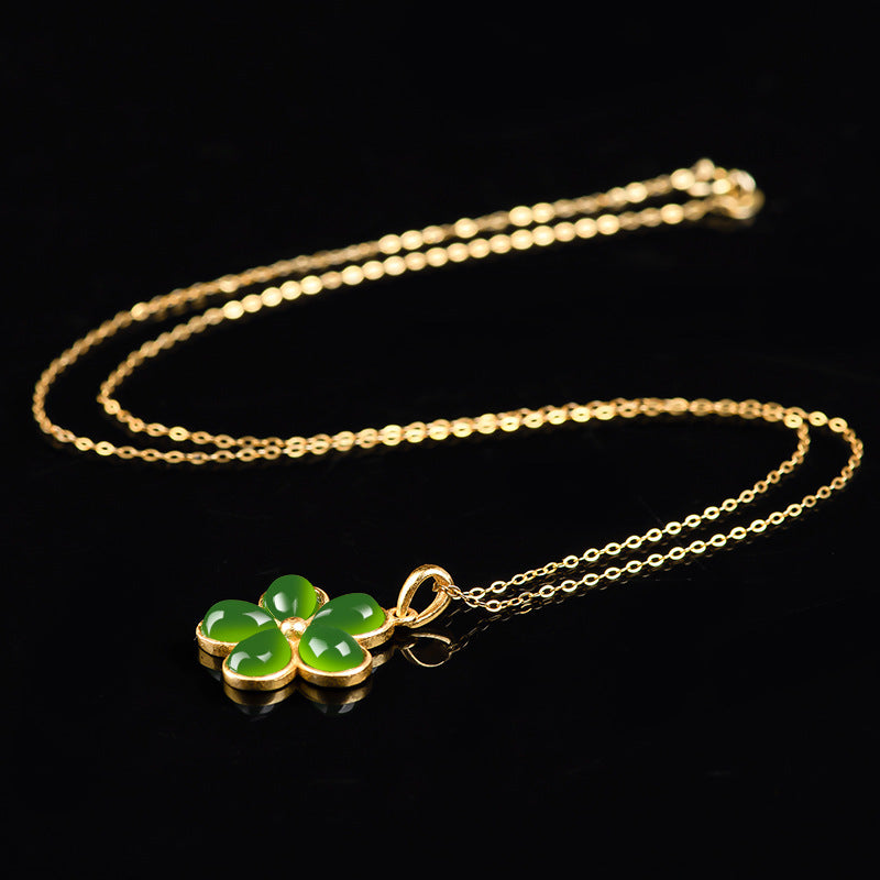 Natural Burmese Jade Five-Petal Flower Pendant Necklace, S925 Silver 46CM for Women jade BMjade