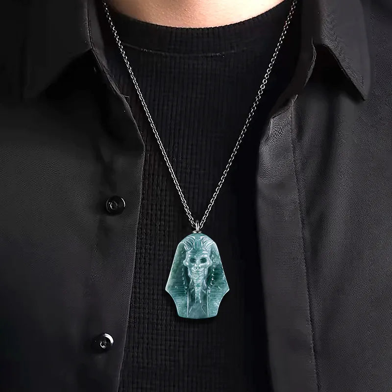 Natural Hand-Carved BlueJadeite 3D Egyptian Pharaoh Necklace for Men BMjade