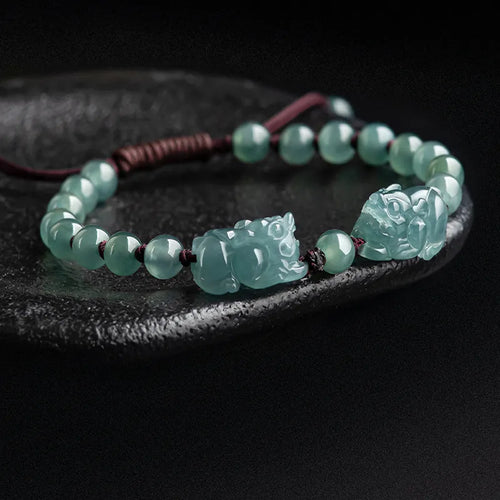 Handgeflochtenes Feng-Shui-Armband mit Pixiu aus blauer Jade