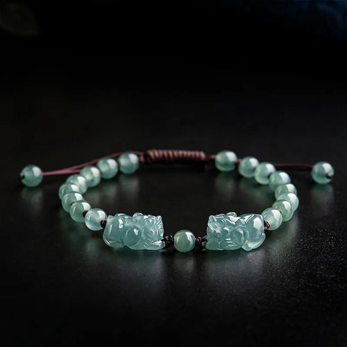 Armband mit zwei Pixiu aus blaugrünem Jadeit